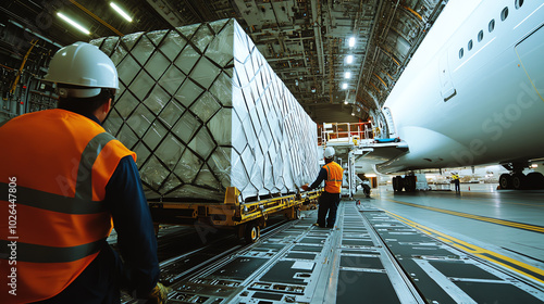 A side view of a cargo container being secured inside a plane, with workers ensuring the cargo is properly balanced