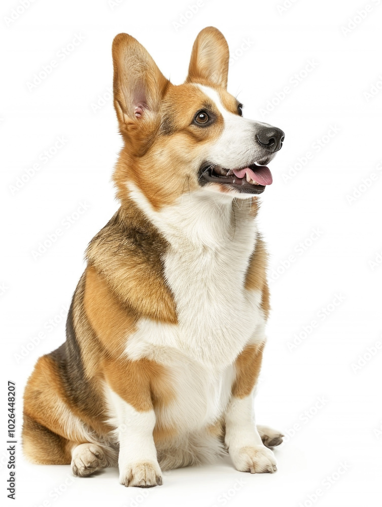 A cute Corgi dog sits attentively, looking alert and happy, with its signature short legs and large ears against a white background. A cute Corgi dog sits attentively, looking alert and happy, with its signature short legs and large ears against a white background.