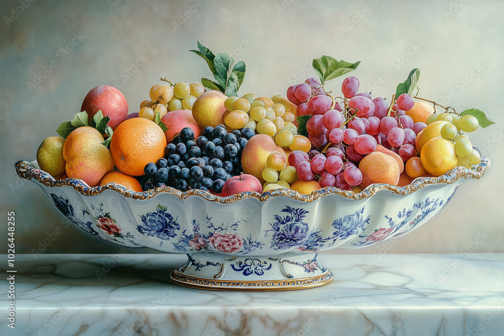 Stillife neo-rococo bowl filled with fruit. Stillife neo-rococo bowl filled with fruit.