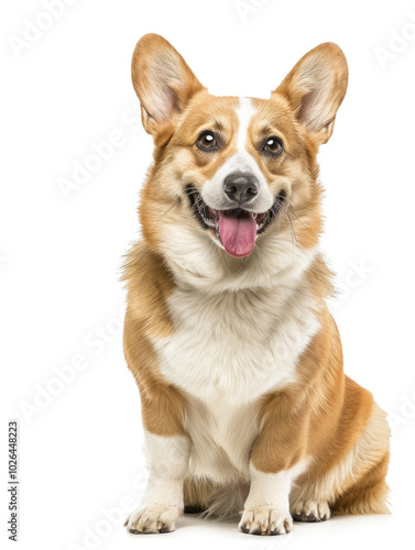 A cute Corgi dog sits attentively, looking alert and happy, with its signature short legs and large ears against a white background.