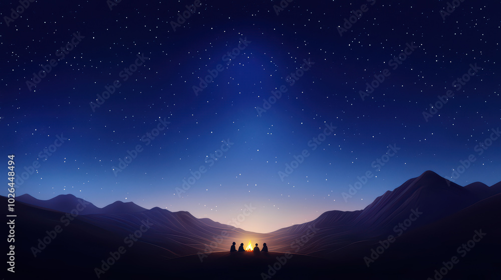 A serene night scene with mountains under a starry sky, capturing a peaceful moment by a campfire. A serene night scene with mountains under a starry sky, capturing a peaceful moment by a campfire.