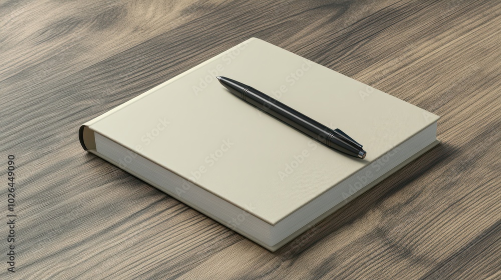 Highly detailed flat lay of a minimalist notebook and pen setup on a wooden desk Highly detailed flat lay of a minimalist notebook and pen setup on a wooden desk