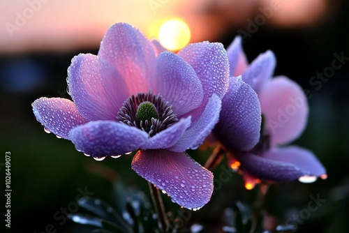 Pasque flowers in bloom at sunrise, the soft pink and purple hues of the flowers glowing in the warm light of the rising sun, with dew still on the petals #1026449073