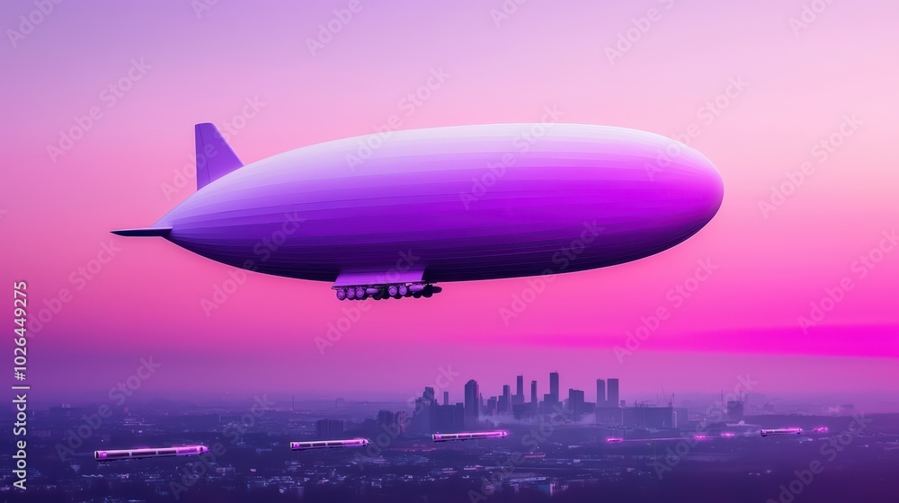 Naklejka premium A vibrant zeppelin gliding through a pastel sky at sunset, creating a mesmerizing view over the city skyline.