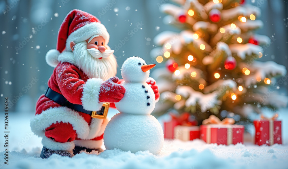 Santa Claus makes a snowman on the background of a Christmas tree Santa Claus makes a snowman on the background of a Christmas tree