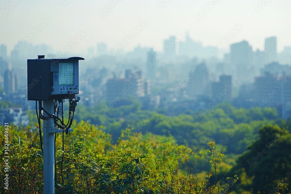 An old, outdated security camera overlooking a city skyline with fog in the distance. An old, outdated security camera overlooking a city skyline with fog in the distance.