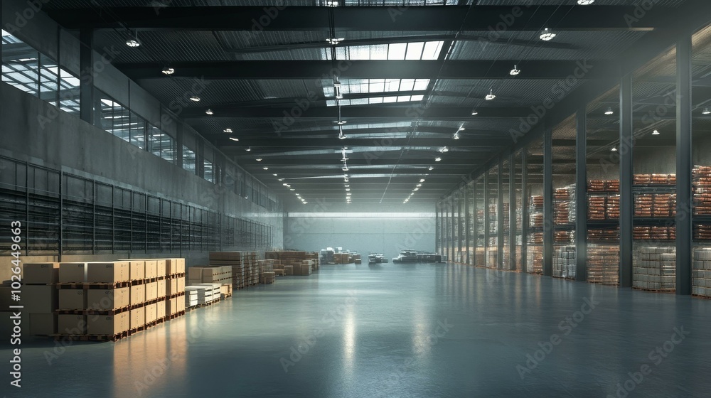 Obraz premium Spacious Industrial Warehouse Interior with Modern Design and Efficient Storage Solutions