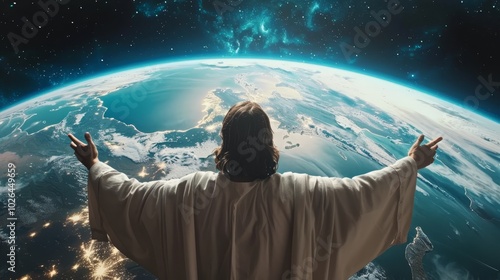 Realistic depiction of jesus as the redeemer with outstretched arms overlooking earth from space photo