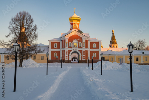 At the entrance to the ancient Valdai Iversky Monastery on a January day. Novgorod Region, Russia photo