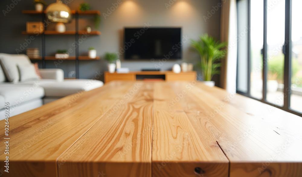 the surface of a wooden table in a blurred living room the surface of a wooden table in a blurred living room