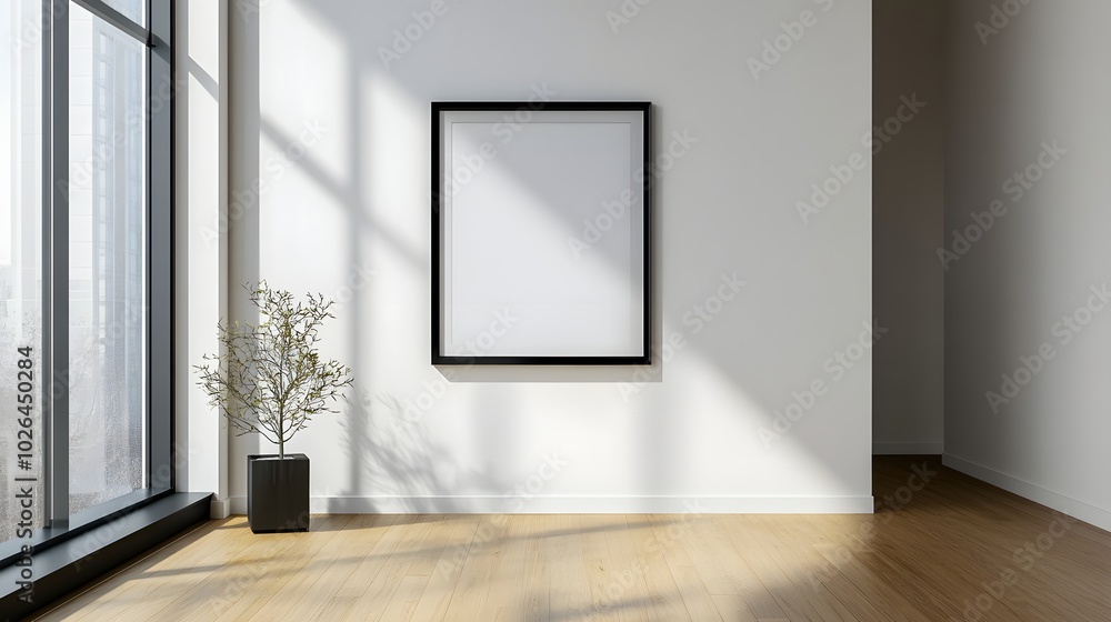 Fototapeta premium 1. A square black frame leaning against a pristine white wall in a modern living room, showcasing a rich hardwood floor and soft natural lighting filtering through a window