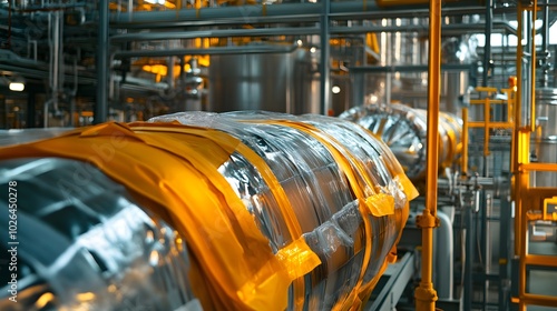 A close-up of thermal safety blankets and fire-resistant materials protecting equipment in a petrochemical plant.