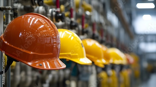 A close-up of reinforced fireproof clothing and hard hats, displayed at a safety station in a petrochemical plant. photo