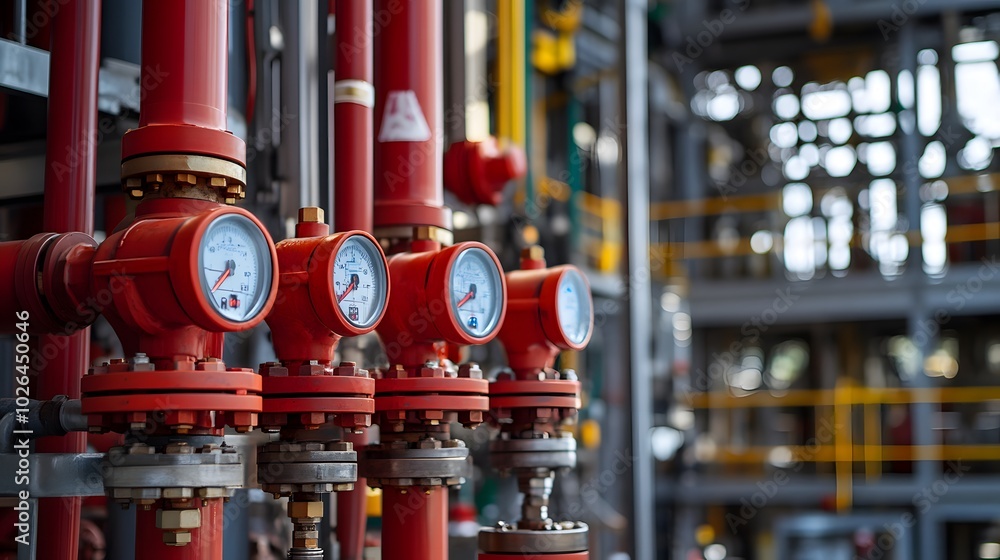 Fire suppression systems and safety alarms installed near high-pressure equipment in a petrochemical plant.
