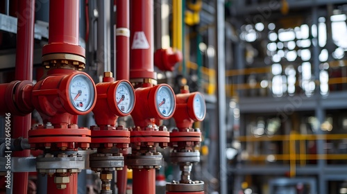 Fire suppression systems and safety alarms installed near high-pressure equipment in a petrochemical plant.