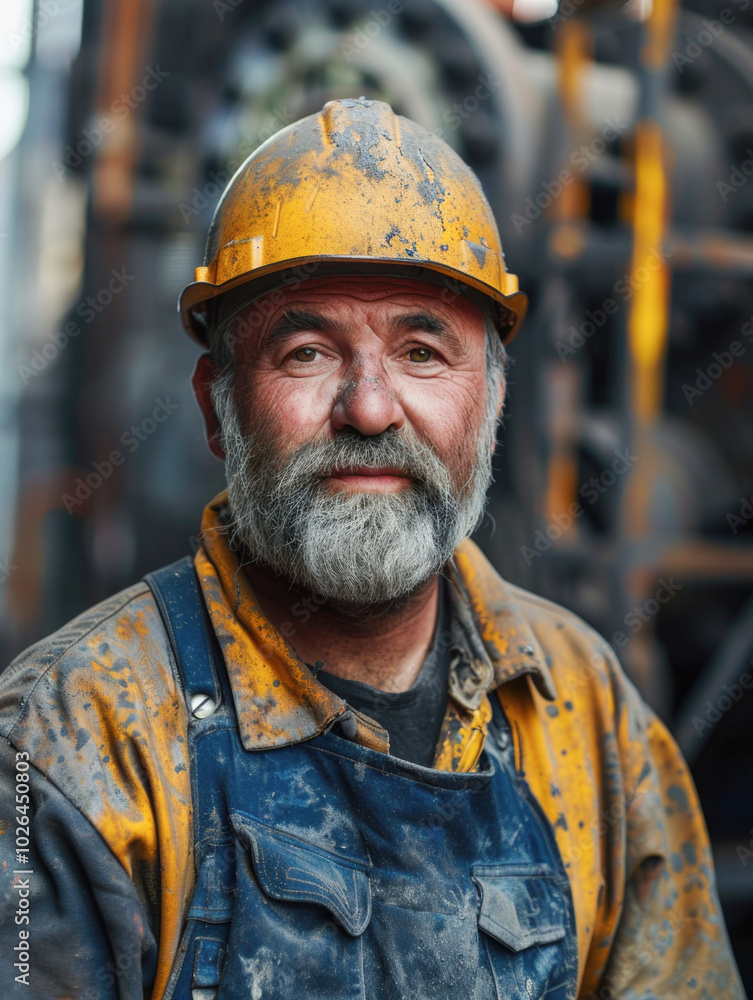 A rugged miner wearing a yellow hard hat stands at a worksite with industrial sparks flying in the background. A rugged miner wearing a yellow hard hat stands at a worksite with industrial sparks flying in the background.