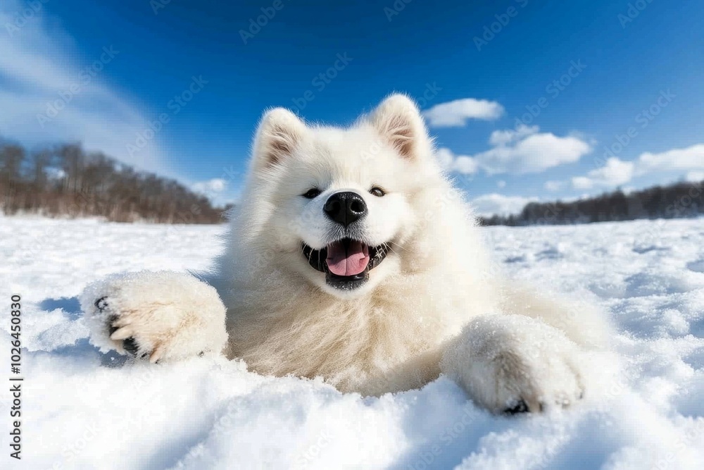 Samoyed rolling in the snow, its thick white fur blending with the snowy landscape as it plays gleefully in the cold Samoyed rolling in the snow, its thick white fur blending with the snowy landscape as it plays gleefully in the cold