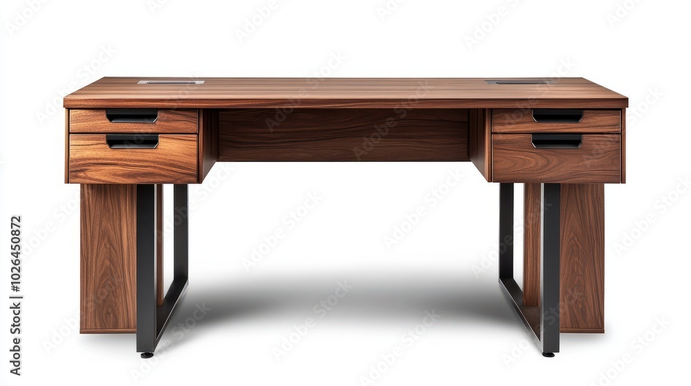 Modern wooden office desk with metal frame, isolated on white background. Ideal for workspace, home office, or study room setup. Modern wooden office desk with metal frame, isolated on white background. Ideal for workspace, home office, or study room setup.