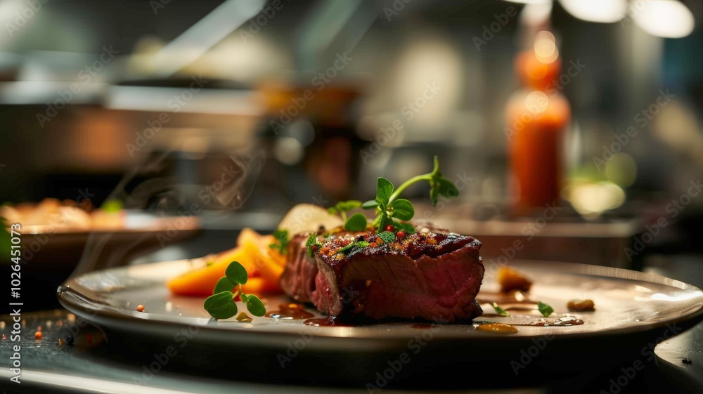 Gourmet Steak Dinner with Vegetables in Elegant Restaurant Setting Gourmet Steak Dinner with Vegetables in Elegant Restaurant Setting