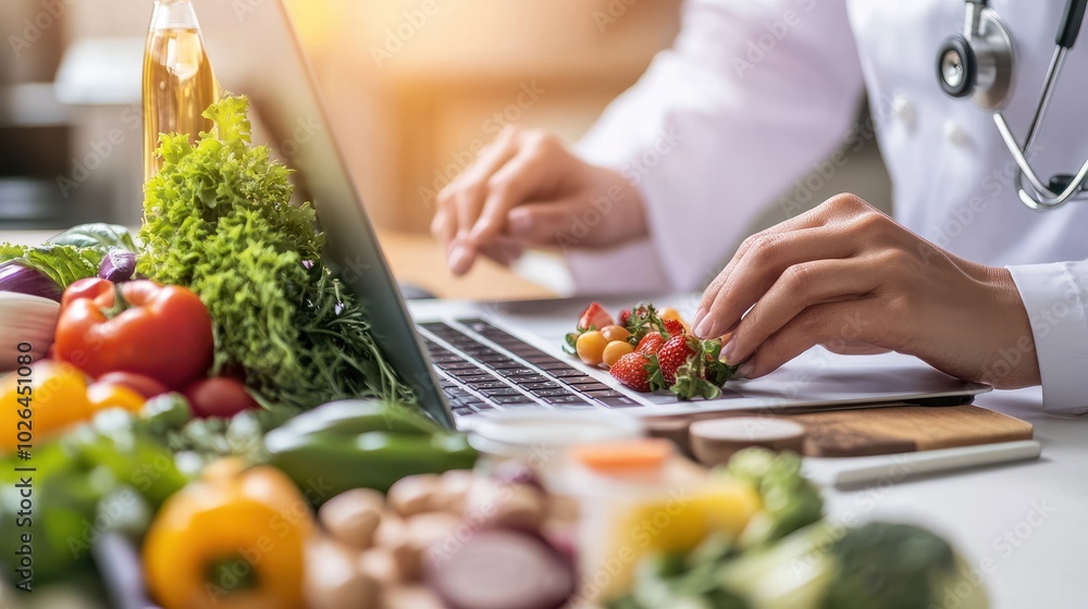 Nutritionist creating a customized healthy meal plan with fresh ingredients using a laptop Nutritionist creating a customized healthy meal plan with fresh ingredients using a laptop