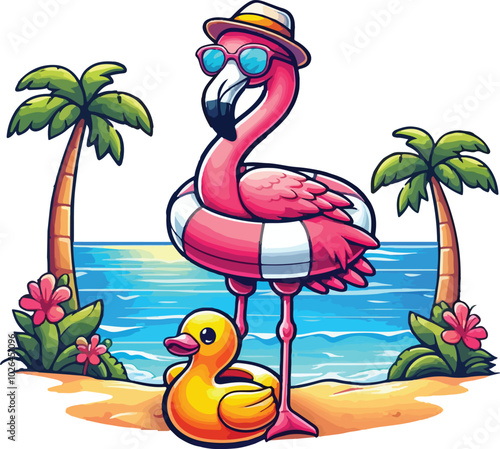 One-Legged Chill Flamingo In Paradise, Summer Vibes Only.