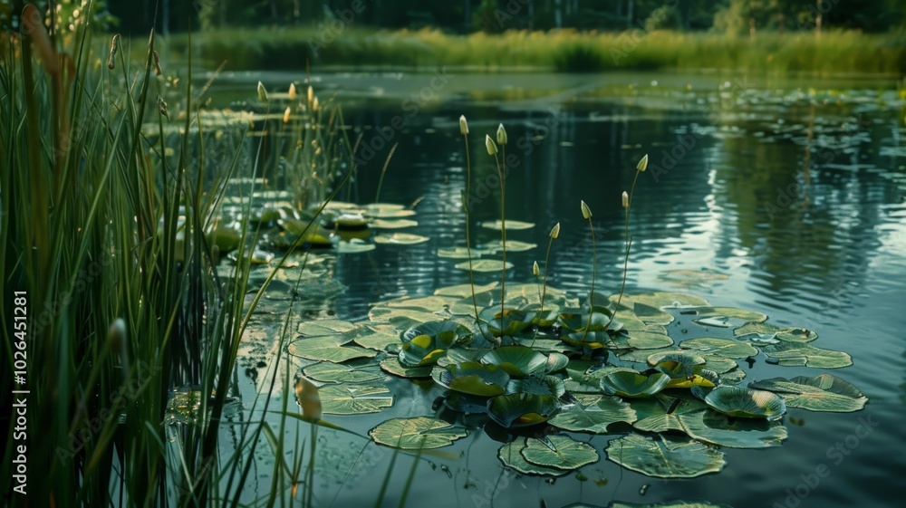 Serene Pond with Lily Pads and Lush Greenery at Dusk Serene Pond with Lily Pads and Lush Greenery at Dusk