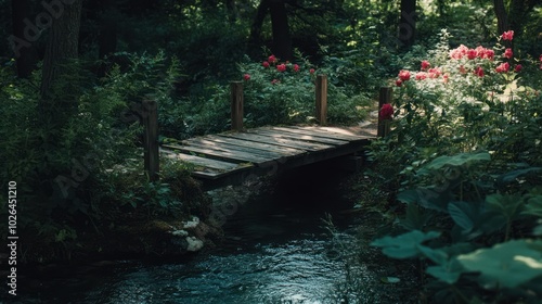 Wallpaper Mural A serene wooden bridge over a stream surrounded by lush greenery and blooming flowers. Torontodigital.ca