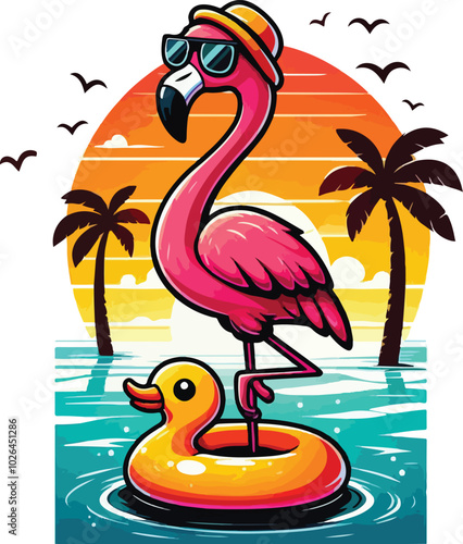 One-Legged Chill Flamingo In Paradise, Summer Vibes Only.