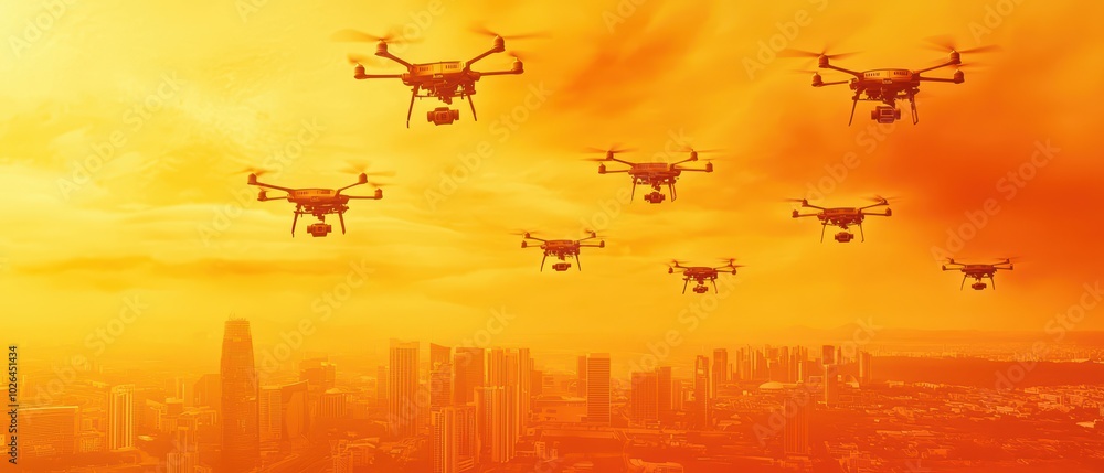 Drones flying over a city skyline during a vibrant orange sunset. Drones flying over a city skyline during a vibrant orange sunset.