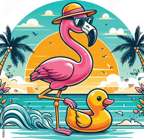 One-Legged Chill Flamingo In Paradise, Summer Vibes Only.