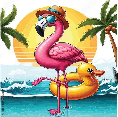 One-Legged Chill Flamingo In Paradise, Summer Vibes Only.