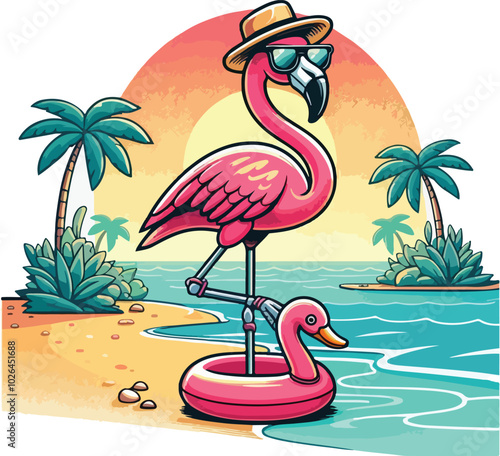 One-Legged Chill Flamingo In Paradise, Summer Vibes Only.