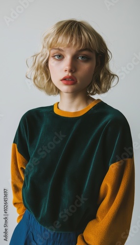 Close-Up Portrait of Blonde Woman in Stylish Sweater. Generative AI.