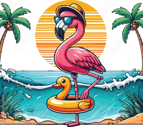One-Legged Chill Flamingo In Paradise, Summer Vibes Only.