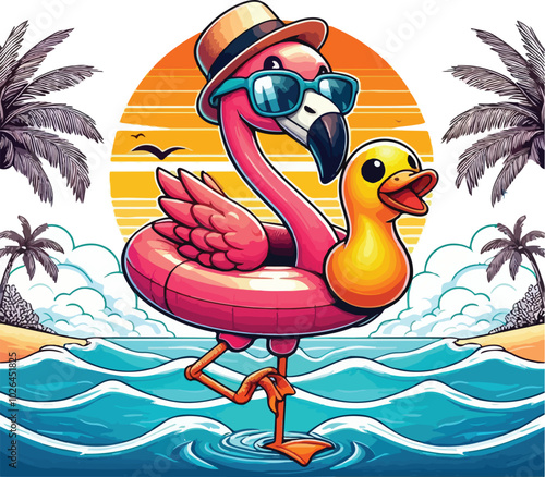 One-Legged Chill Flamingo In Paradise, Summer Vibes Only.