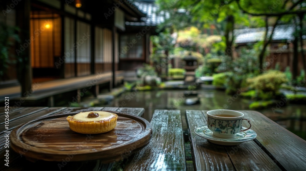 A serene outdoor setting featuring a dessert and tea, surrounded by lush greenery. A serene outdoor setting featuring a dessert and tea, surrounded by lush greenery.