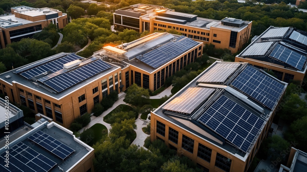 Aerial view of modern office buildings with solar panels on rooftops surrounded by trees and greenery at sunset Aerial view of modern office buildings with solar panels on rooftops surrounded by trees and greenery at sunset