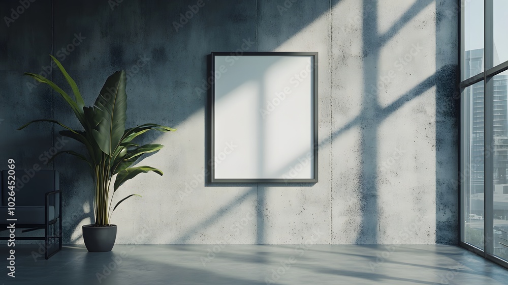 5. An elegant modern office featuring an empty poster frame on a concrete wall, with soft sunlight pouring in from the windows, creating a perfect backdrop for future advertising 5. An elegant modern office featuring an empty poster frame on a concrete wall, with soft sunlight pouring in from the windows, creating a perfect backdrop for future advertising