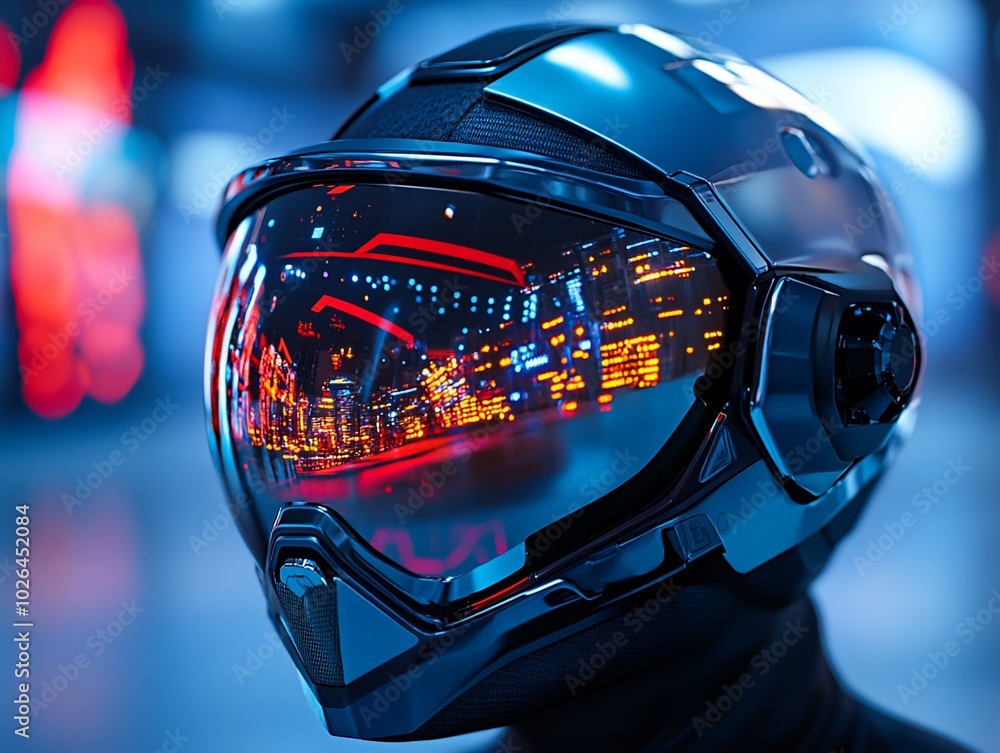 Futuristic helmet reflecting a cityscape at night. Futuristic helmet reflecting a cityscape at night.