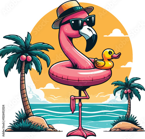 One-Legged Chill Flamingo In Paradise, Summer Vibes Only.