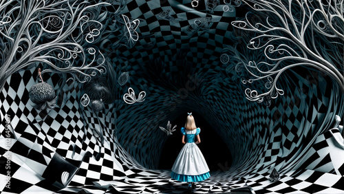 In a whimsical and scary forest on Halloween Eve stands Alice in a vibrant fantasy Wonderland photo