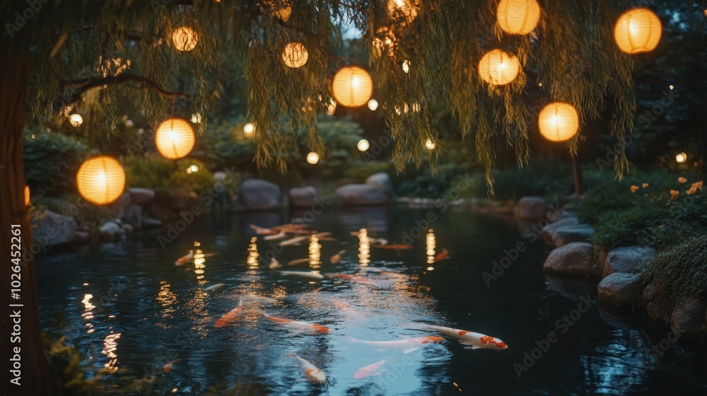 Tranquil scene of a pond with koi fish and glowing lanterns under a willow tree. Tranquil scene of a pond with koi fish and glowing lanterns under a willow tree.
