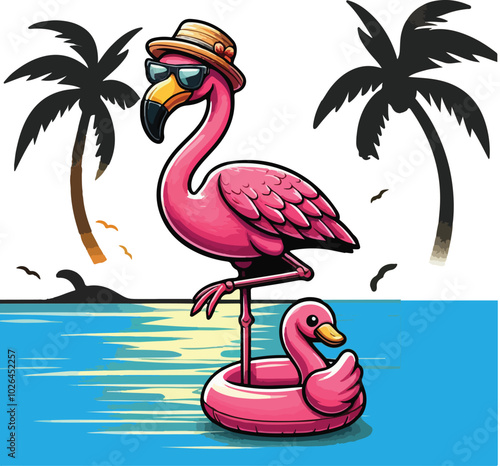 One-Legged Chill Flamingo In Paradise, Summer Vibes Only.