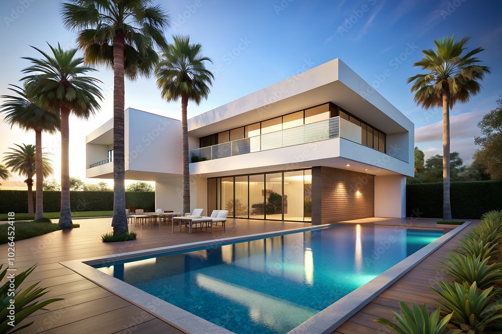 Exterior of amazing modern minimalist cubic villa with large swimming pool among palm trees Exterior of amazing modern minimalist cubic villa with large swimming pool among palm trees