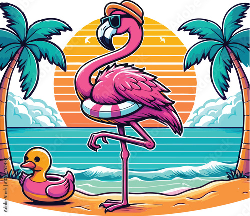 One-Legged Chill Flamingo In Paradise, Summer Vibes Only.