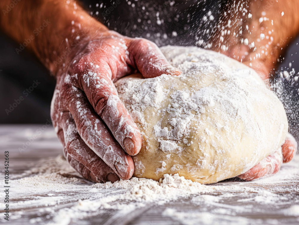 A close-up of hands kneading dough, surrounded by flour, capturing the art of baking and the texture of freshly made bread. A close-up of hands kneading dough, surrounded by flour, capturing the art of baking and the texture of freshly made bread.