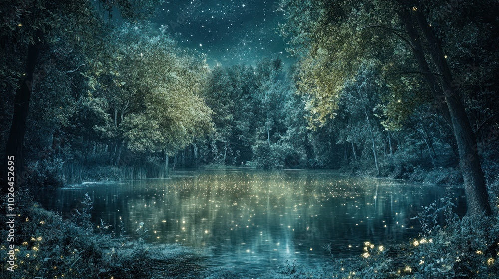 A serene nighttime scene of a tranquil lake surrounded by glowing trees and stars. A serene nighttime scene of a tranquil lake surrounded by glowing trees and stars.