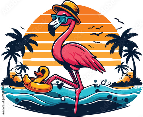 One-Legged Chill Flamingo In Paradise, Summer Vibes Only.