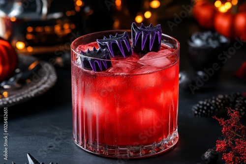 Vampire punch with a red base, topped with dark purple floating ice cubes shaped like fangs, perfect for a spooky vampire-themed Halloween party photo