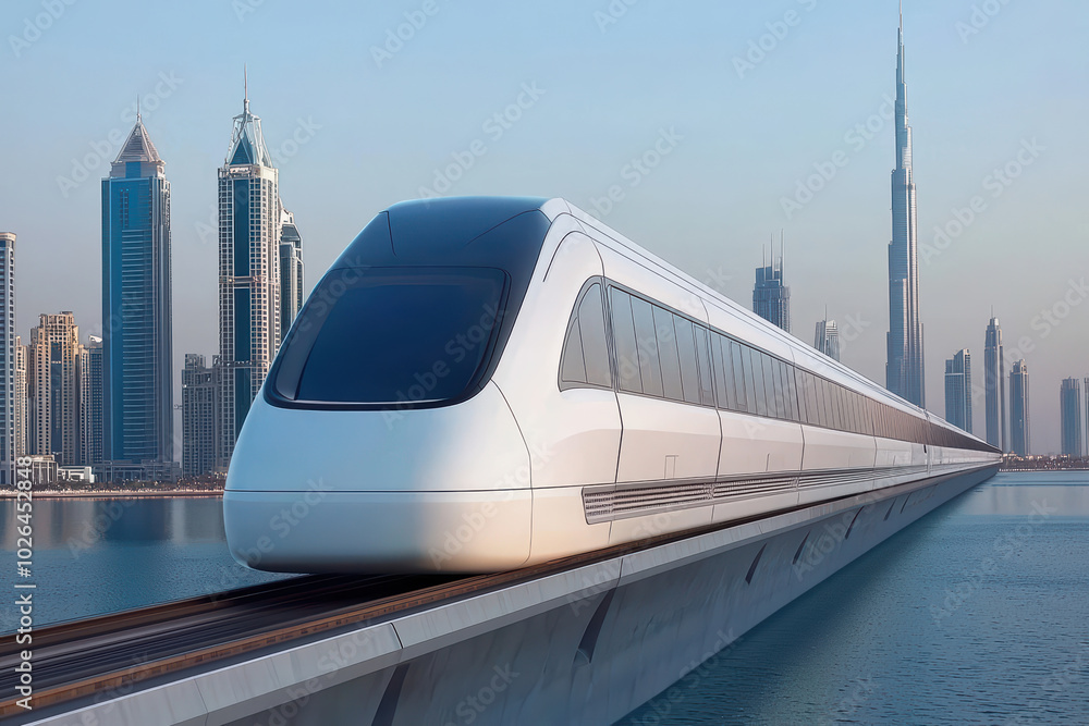 Fototapeta premium Futuristic train on an elevated track, surrounded by modern skyscrapers, showcasing urban transportation innovation.